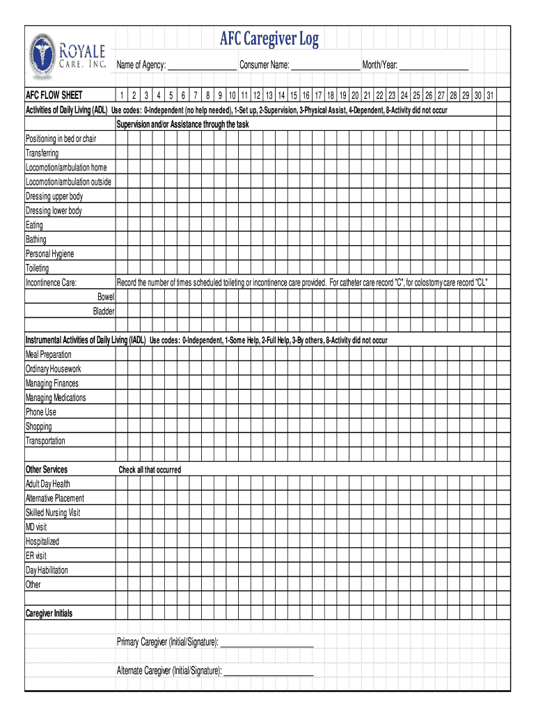 Royal Care Afc Caregiver Log Form - Fill Online, Printable pertaining to Free Printable Caregiver Daily Log Sheet