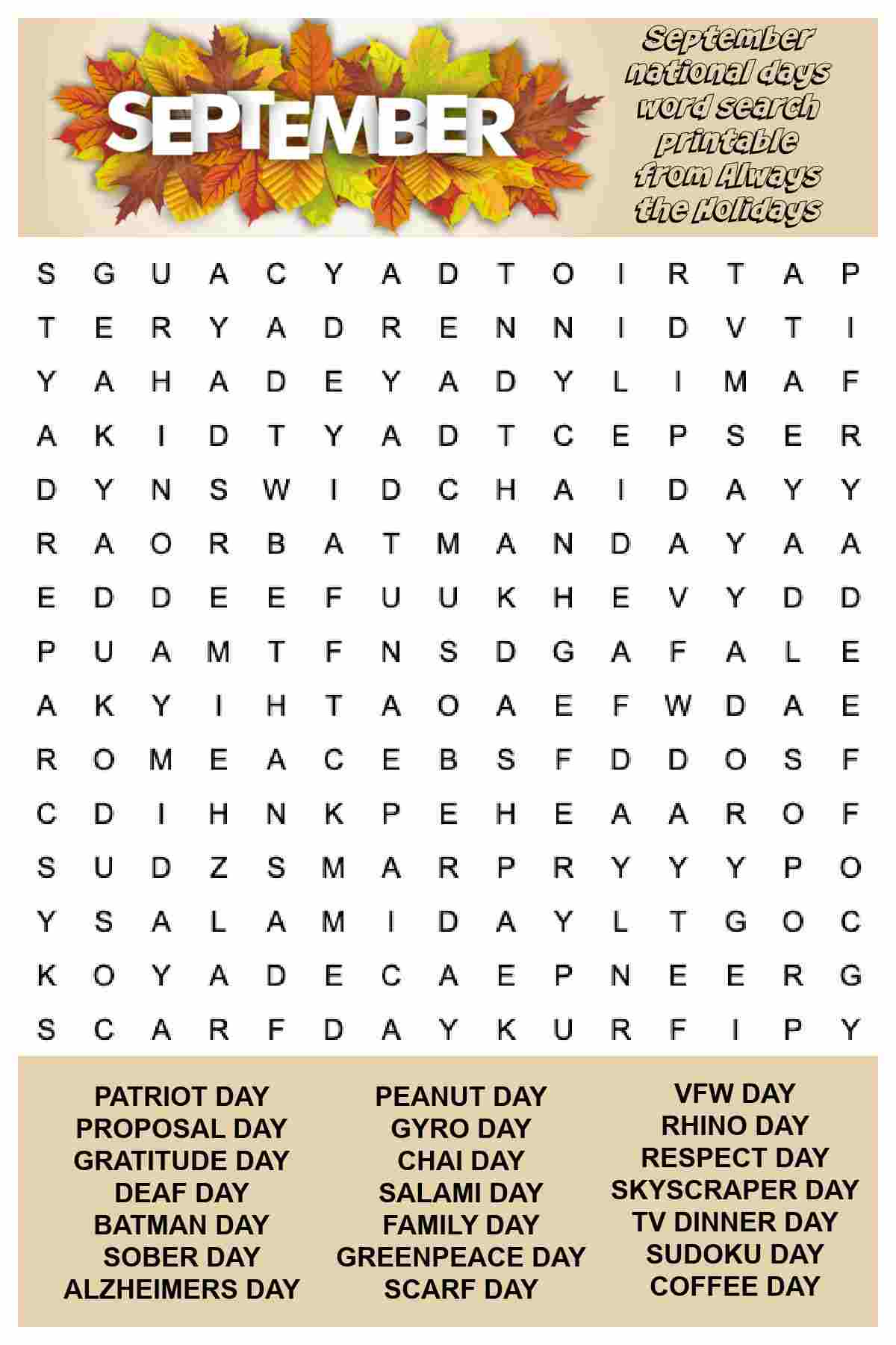 September Word Search Printable - Free National Days Word Find for Free Printable September Word Search
