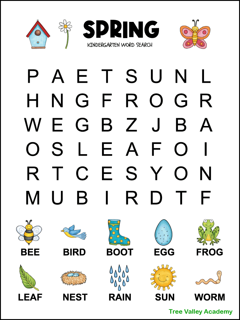 Spring Word Search For Kindergarten - Tree Valley Academy intended for Word Search Puzzles For Kindergarten Free Printable
