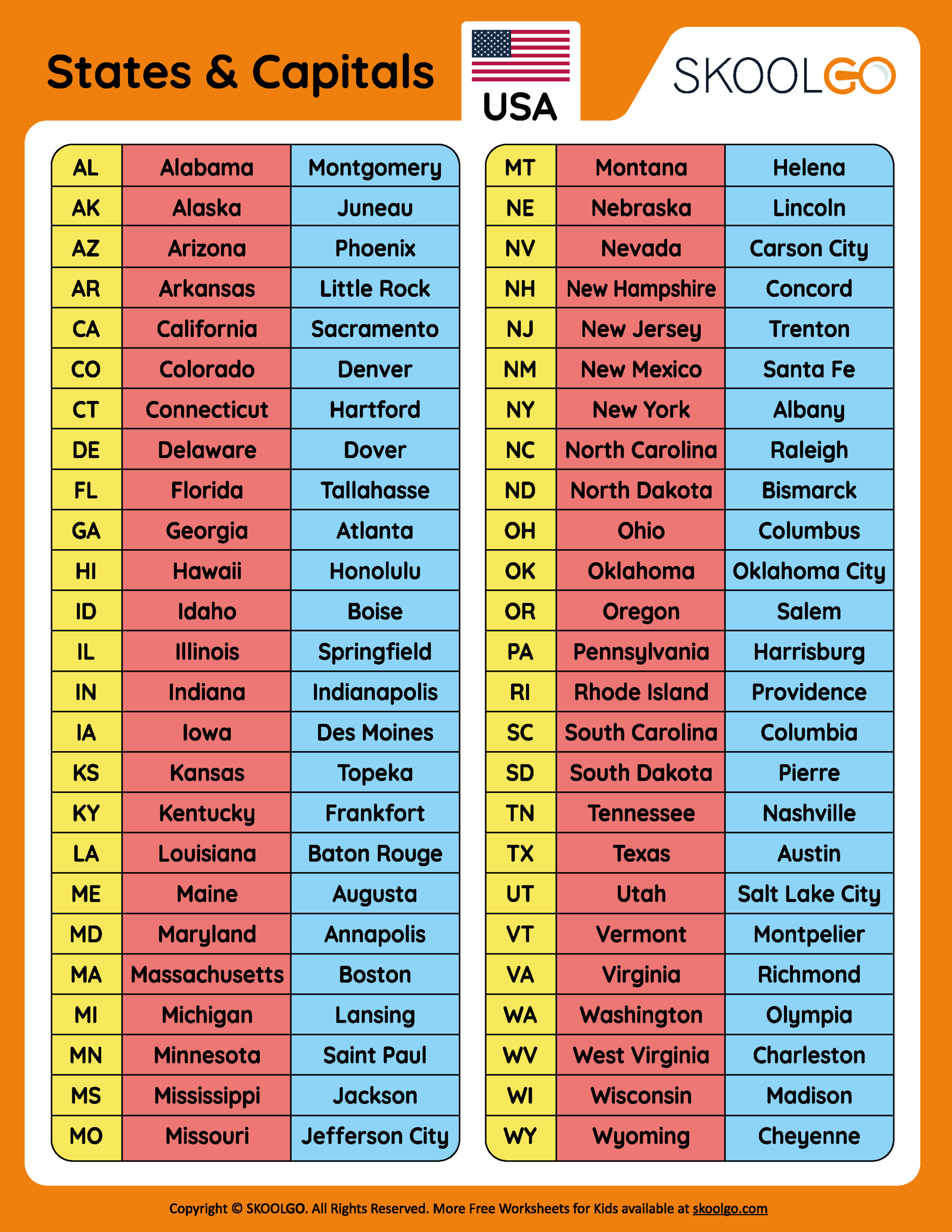 States And Capitals - Free Worksheet For Kids - Skoolgo within States And Capitals Free Printable Worksheets