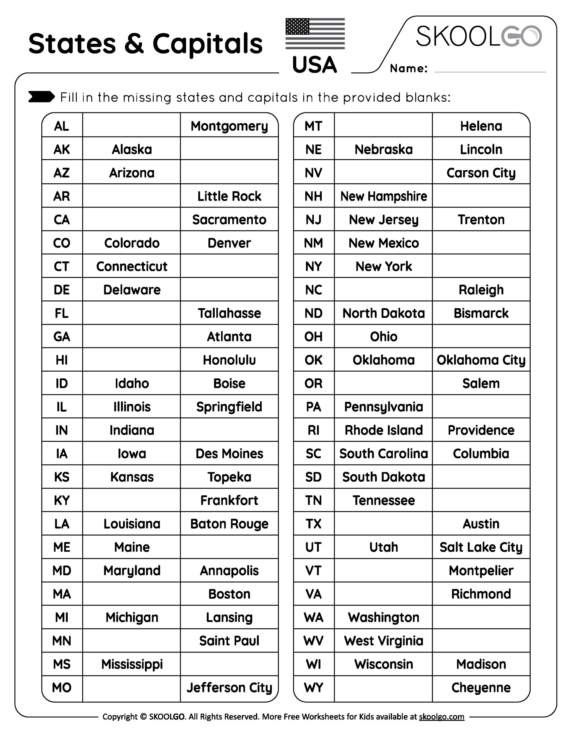States And Capitals - Free Worksheet For Kids - Skoolgo within States And Capitals Free Printable Worksheets