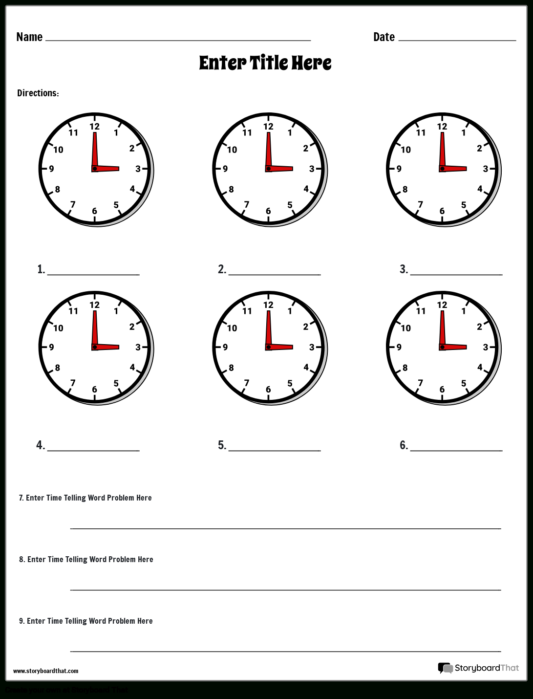 Storyboard That: Telling Time Worksheet Creator regarding Printable Clocks For Teaching Time