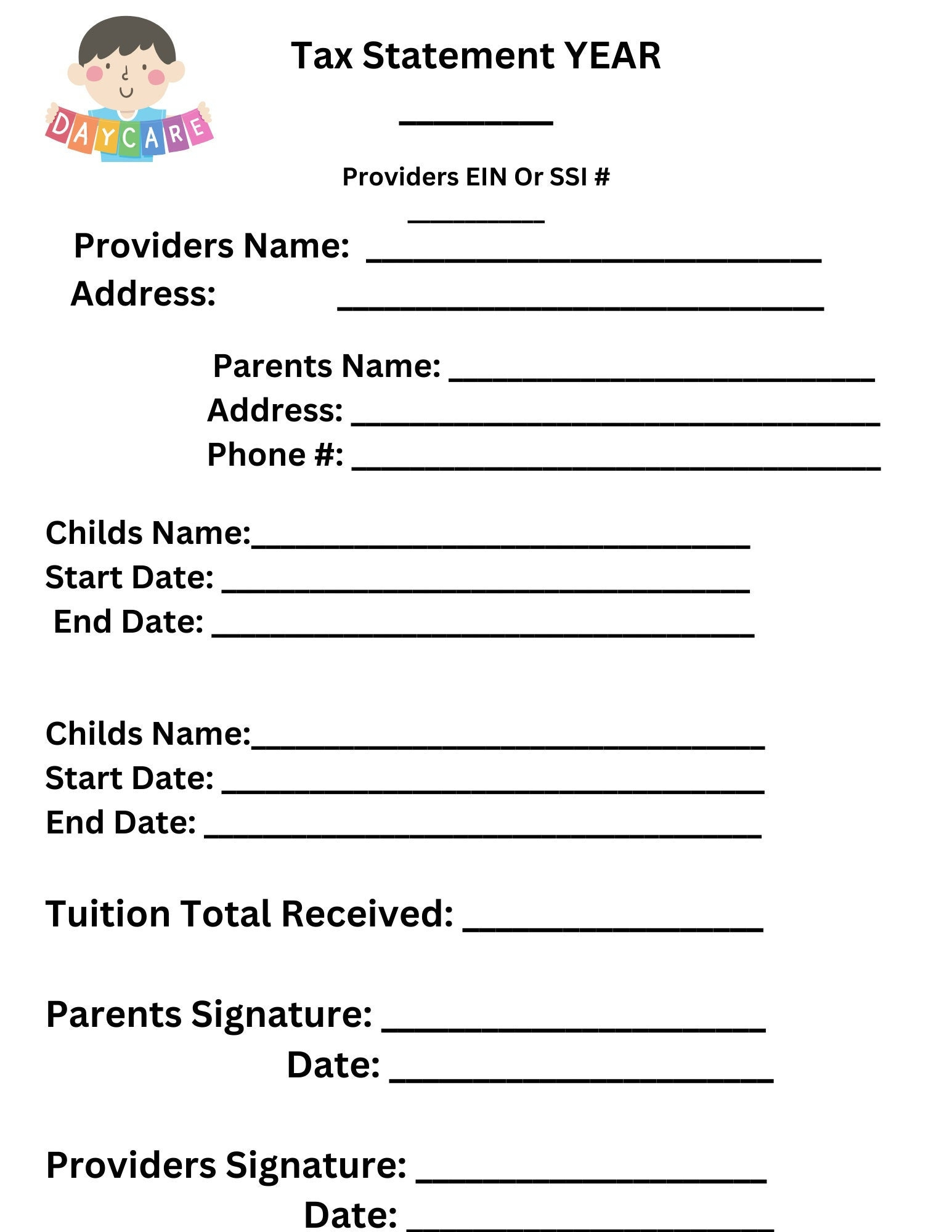 Tax Statement, Customize Child Care Business, Daycare, Parents regarding Printable Daycare Tax Form For Parents