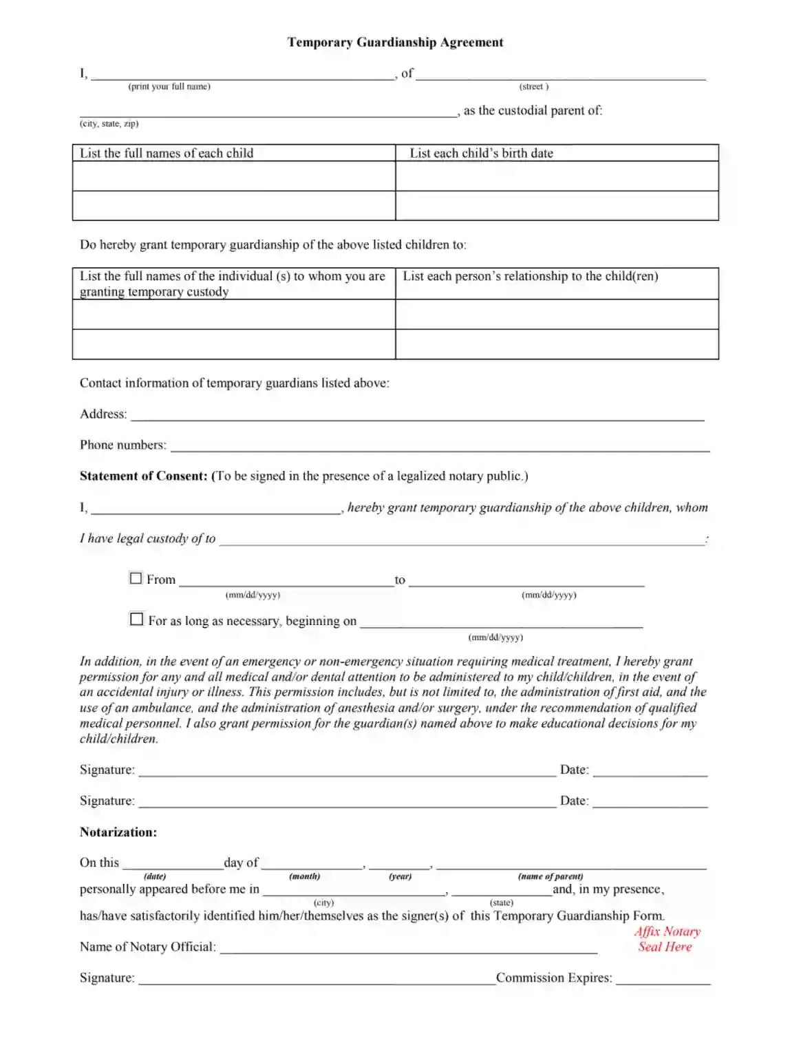Temporary Custody Form ≡ Fill Out Printable Pdf Forms Online throughout Temporary Custody Agreement Printable Legal Guardianship Forms