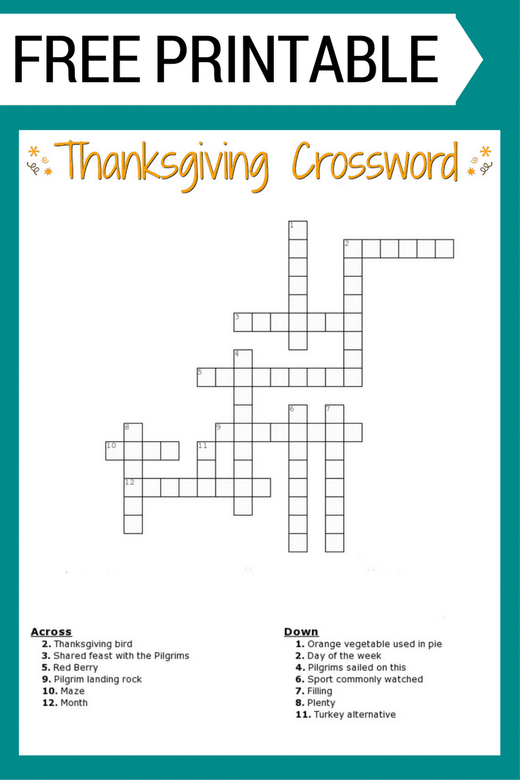 Thanksgiving Crossword Puzzle Free Printable For Kids Or Adults intended for Free Printable Crossword Puzzles For Thanksgiving