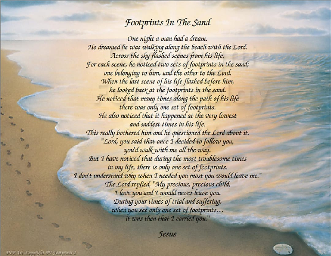 The Footprints In The Sand Poem - Christian Poem - Inspirational Print -  Ready To Frame Wall Plaque Gift Idea Ocean Beach Scene - Etsy.de inside Printable Footprints in the Sand Poem