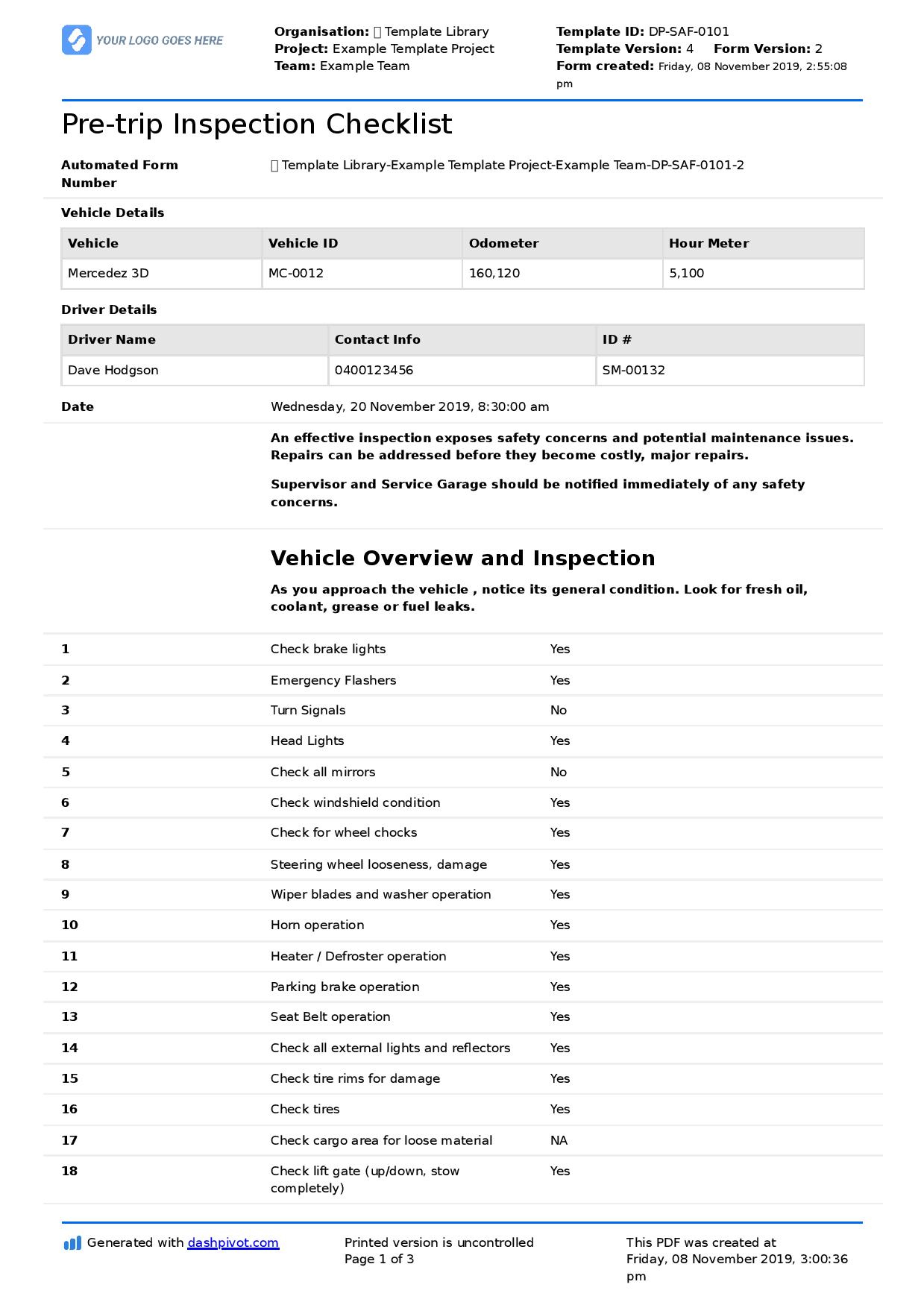 Truck Driver Pre Trip Inspection Checklist Template with Free Printable Dot Pre Trip Inspection Form