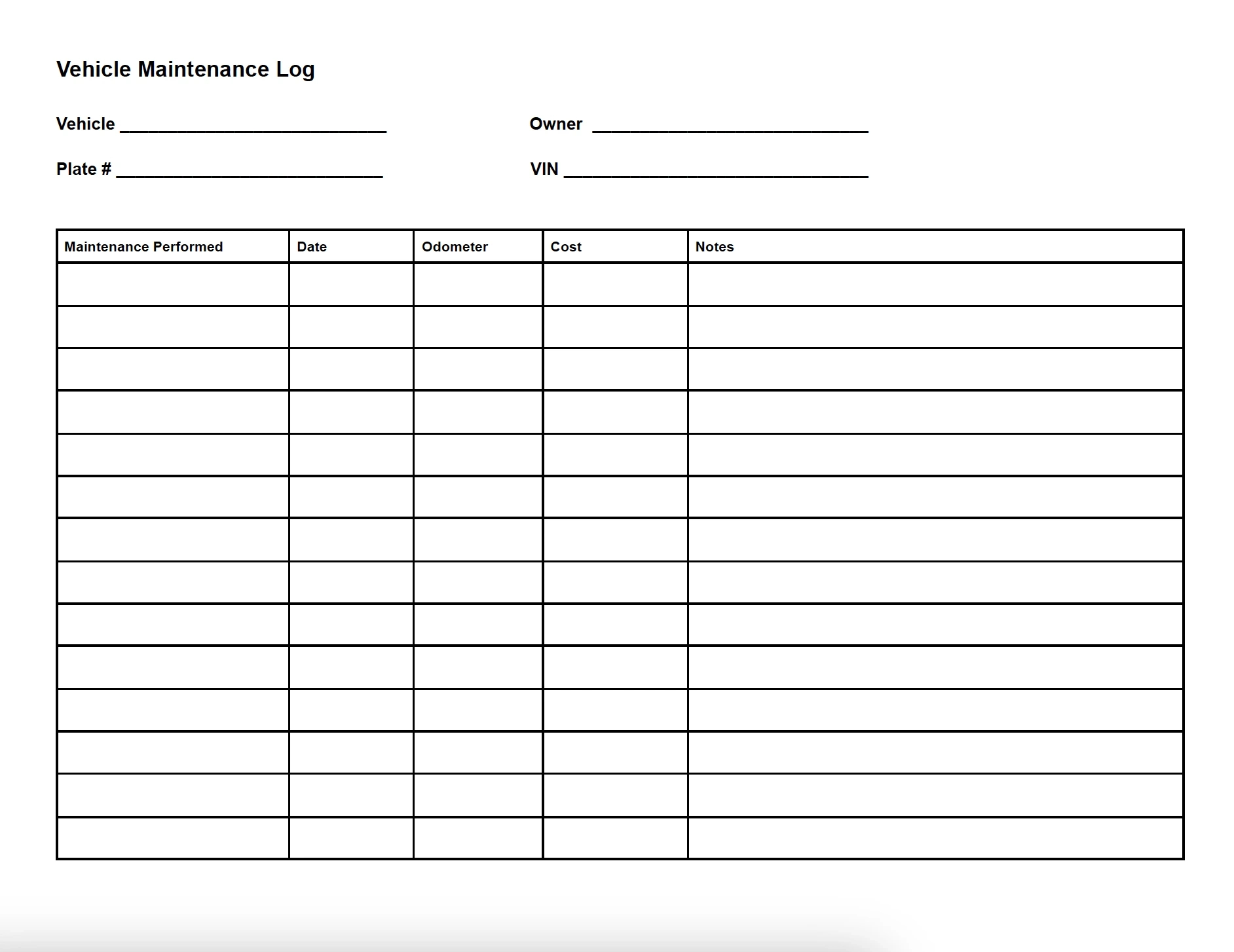 Vehicle Maintenance Log Word Template within Vehicle Maintenance Log Free Printable