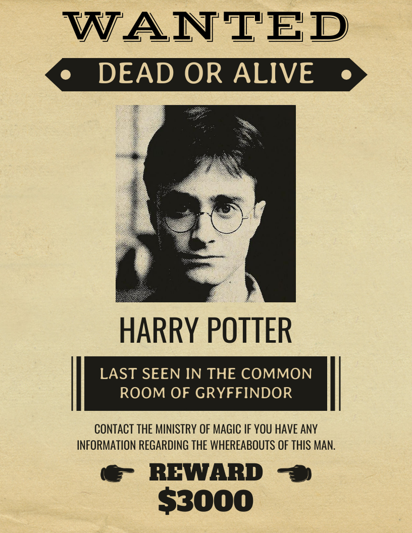 Vintage Harry Potter Wanted Poster - Venngage intended for Harry Potter Wanted Poster Printable